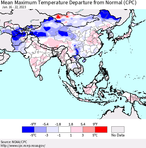 Asia Mean Maximum Temperature Departure from Normal (CPC) Thematic Map For 1/16/2023 - 1/22/2023
