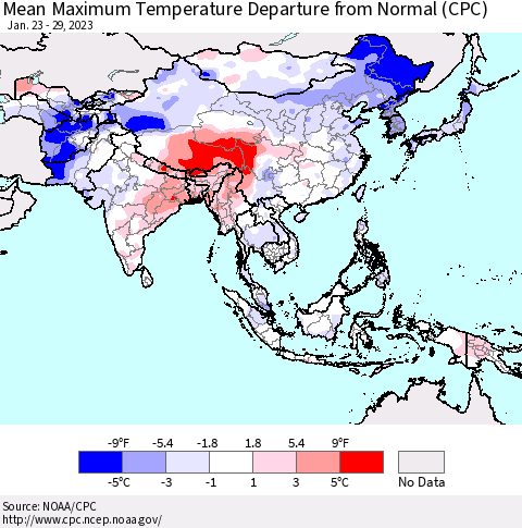 Asia Mean Maximum Temperature Departure from Normal (CPC) Thematic Map For 1/23/2023 - 1/29/2023