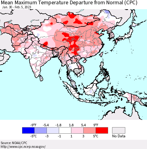 Asia Mean Maximum Temperature Departure from Normal (CPC) Thematic Map For 1/30/2023 - 2/5/2023