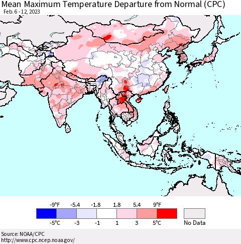 Asia Mean Maximum Temperature Departure from Normal (CPC) Thematic Map For 2/6/2023 - 2/12/2023
