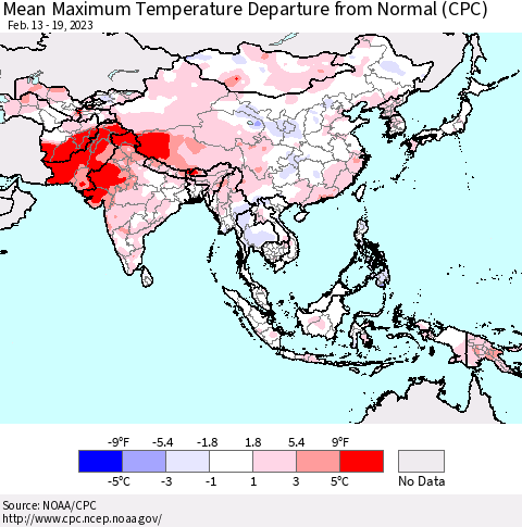 Asia Mean Maximum Temperature Departure from Normal (CPC) Thematic Map For 2/13/2023 - 2/19/2023
