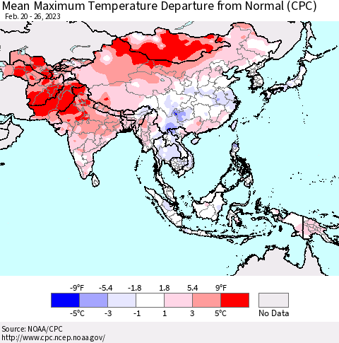 Asia Mean Maximum Temperature Departure from Normal (CPC) Thematic Map For 2/20/2023 - 2/26/2023