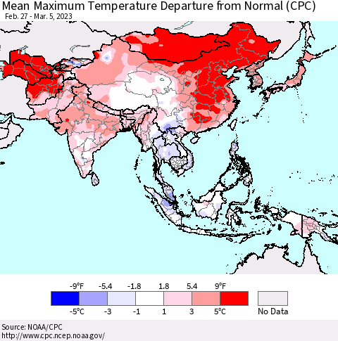 Asia Mean Maximum Temperature Departure from Normal (CPC) Thematic Map For 2/27/2023 - 3/5/2023