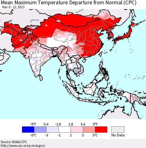 Asia Mean Maximum Temperature Departure from Normal (CPC) Thematic Map For 3/6/2023 - 3/12/2023