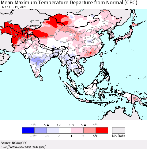 Asia Mean Maximum Temperature Departure from Normal (CPC) Thematic Map For 3/13/2023 - 3/19/2023