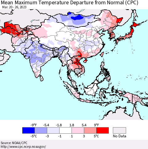 Asia Mean Maximum Temperature Departure from Normal (CPC) Thematic Map For 3/20/2023 - 3/26/2023