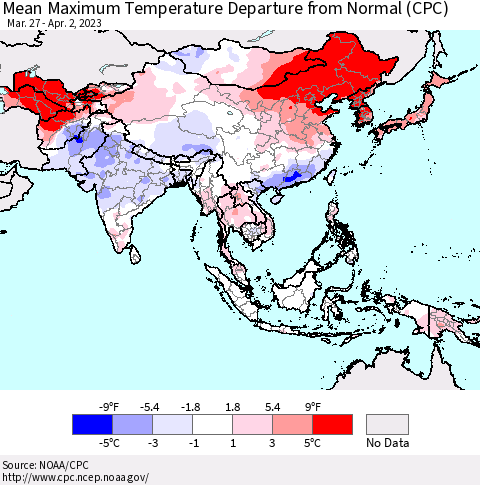 Asia Mean Maximum Temperature Departure from Normal (CPC) Thematic Map For 3/27/2023 - 4/2/2023