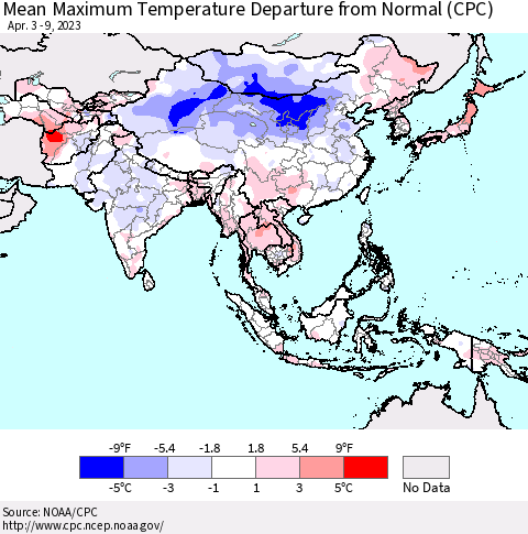 Asia Mean Maximum Temperature Departure from Normal (CPC) Thematic Map For 4/3/2023 - 4/9/2023