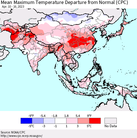 Asia Mean Maximum Temperature Departure from Normal (CPC) Thematic Map For 4/10/2023 - 4/16/2023