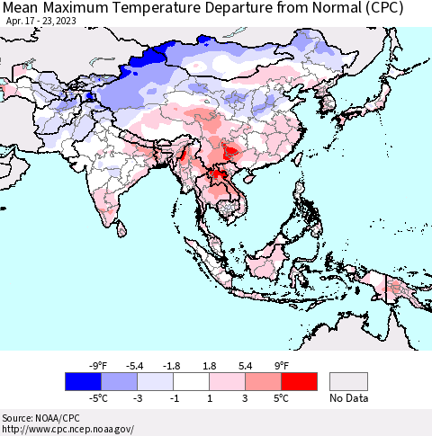 Asia Mean Maximum Temperature Departure from Normal (CPC) Thematic Map For 4/17/2023 - 4/23/2023