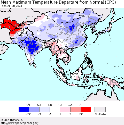 Asia Mean Maximum Temperature Departure from Normal (CPC) Thematic Map For 4/24/2023 - 4/30/2023