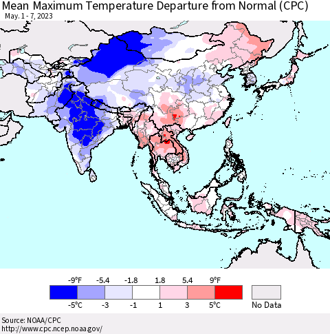 Asia Mean Maximum Temperature Departure from Normal (CPC) Thematic Map For 5/1/2023 - 5/7/2023