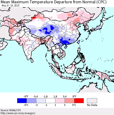 Asia Mean Maximum Temperature Departure from Normal (CPC) Thematic Map For 5/8/2023 - 5/14/2023