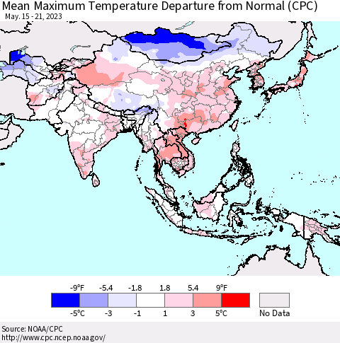 Asia Mean Maximum Temperature Departure from Normal (CPC) Thematic Map For 5/15/2023 - 5/21/2023