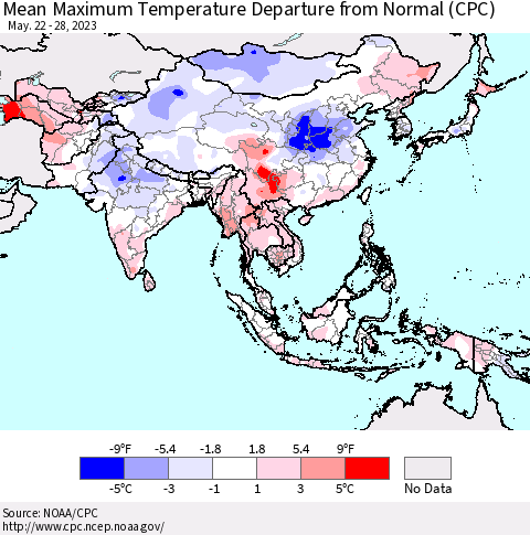 Asia Mean Maximum Temperature Departure from Normal (CPC) Thematic Map For 5/22/2023 - 5/28/2023