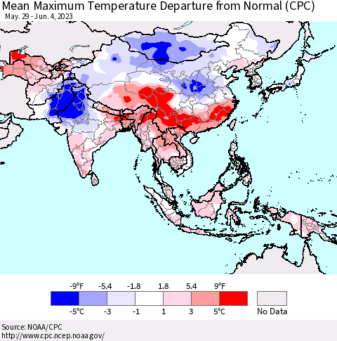 Asia Mean Maximum Temperature Departure from Normal (CPC) Thematic Map For 5/29/2023 - 6/4/2023