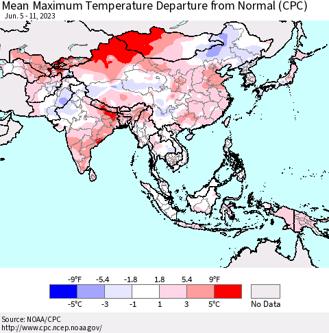 Asia Mean Maximum Temperature Departure from Normal (CPC) Thematic Map For 6/5/2023 - 6/11/2023