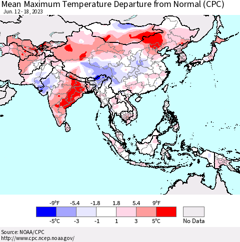 Asia Mean Maximum Temperature Departure from Normal (CPC) Thematic Map For 6/12/2023 - 6/18/2023