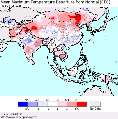 Asia Mean Maximum Temperature Departure from Normal (CPC) Thematic Map For 6/19/2023 - 6/25/2023