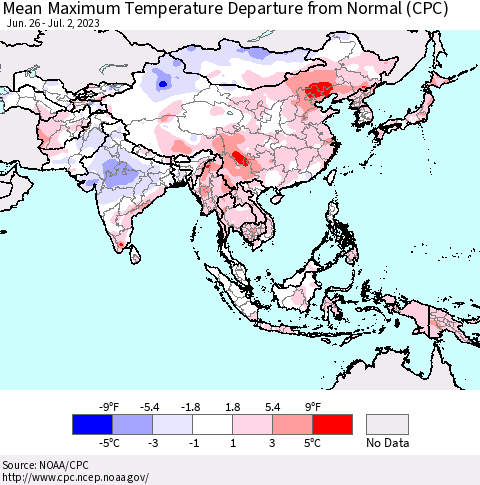 Asia Mean Maximum Temperature Departure from Normal (CPC) Thematic Map For 6/26/2023 - 7/2/2023