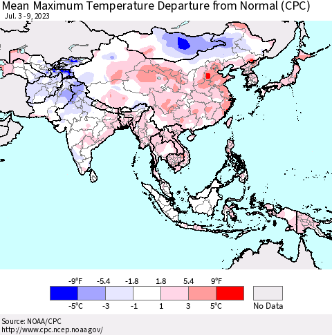 Asia Mean Maximum Temperature Departure from Normal (CPC) Thematic Map For 7/3/2023 - 7/9/2023