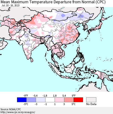 Asia Mean Maximum Temperature Departure from Normal (CPC) Thematic Map For 7/10/2023 - 7/16/2023