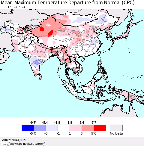 Asia Mean Maximum Temperature Departure from Normal (CPC) Thematic Map For 7/17/2023 - 7/23/2023