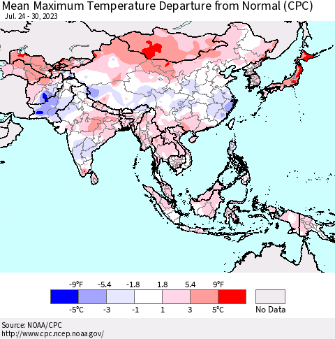 Asia Mean Maximum Temperature Departure from Normal (CPC) Thematic Map For 7/24/2023 - 7/30/2023