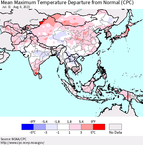 Asia Mean Maximum Temperature Departure from Normal (CPC) Thematic Map For 7/31/2023 - 8/6/2023