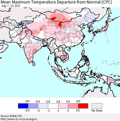 Asia Mean Maximum Temperature Departure from Normal (CPC) Thematic Map For 8/7/2023 - 8/13/2023