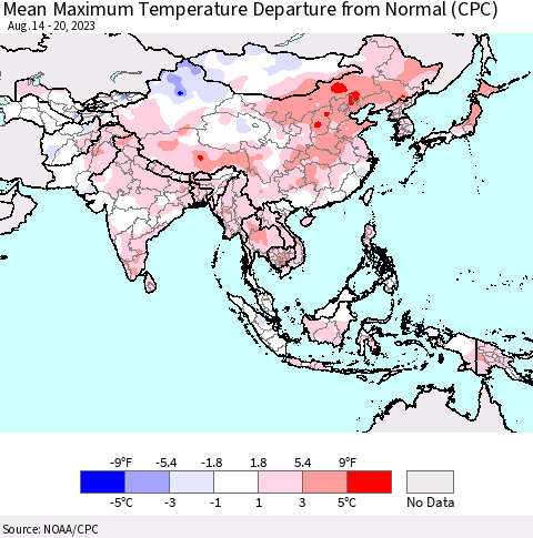 Asia Mean Maximum Temperature Departure from Normal (CPC) Thematic Map For 8/14/2023 - 8/20/2023