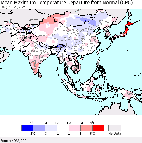 Asia Mean Maximum Temperature Departure from Normal (CPC) Thematic Map For 8/21/2023 - 8/27/2023