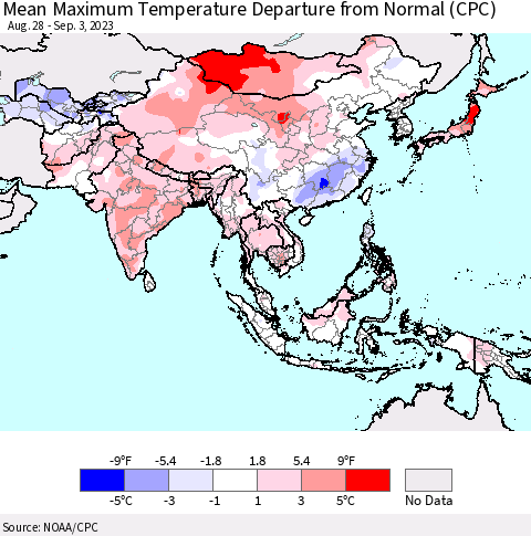 Asia Mean Maximum Temperature Departure from Normal (CPC) Thematic Map For 8/28/2023 - 9/3/2023