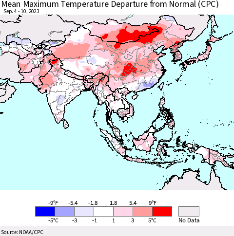 Asia Mean Maximum Temperature Departure from Normal (CPC) Thematic Map For 9/4/2023 - 9/10/2023