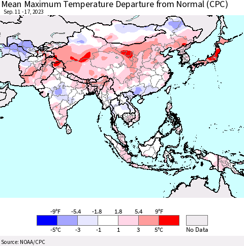 Asia Mean Maximum Temperature Departure from Normal (CPC) Thematic Map For 9/11/2023 - 9/17/2023