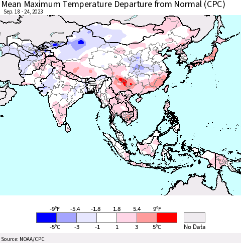 Asia Mean Maximum Temperature Departure from Normal (CPC) Thematic Map For 9/18/2023 - 9/24/2023