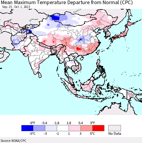 Asia Mean Maximum Temperature Departure from Normal (CPC) Thematic Map For 9/25/2023 - 10/1/2023