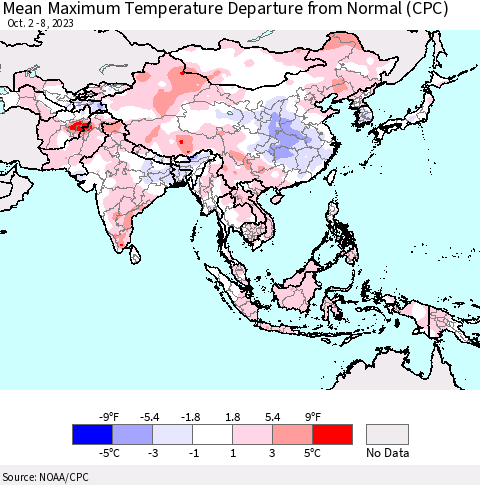 Asia Mean Maximum Temperature Departure from Normal (CPC) Thematic Map For 10/2/2023 - 10/8/2023