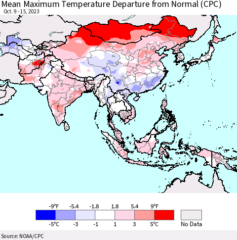 Asia Mean Maximum Temperature Departure from Normal (CPC) Thematic Map For 10/9/2023 - 10/15/2023