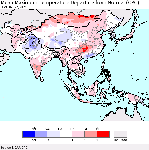 Asia Mean Maximum Temperature Departure from Normal (CPC) Thematic Map For 10/16/2023 - 10/22/2023