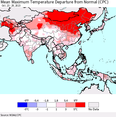 Asia Mean Maximum Temperature Departure from Normal (CPC) Thematic Map For 10/23/2023 - 10/29/2023