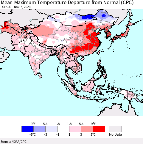 Asia Mean Maximum Temperature Departure from Normal (CPC) Thematic Map For 10/30/2023 - 11/5/2023