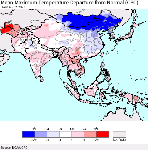 Asia Mean Maximum Temperature Departure from Normal (CPC) Thematic Map For 11/6/2023 - 11/12/2023