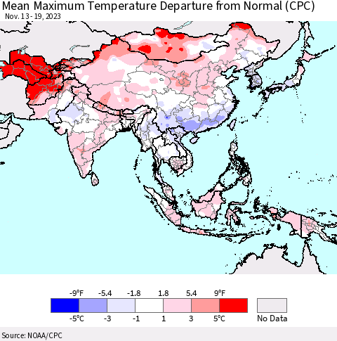 Asia Mean Maximum Temperature Departure from Normal (CPC) Thematic Map For 11/13/2023 - 11/19/2023