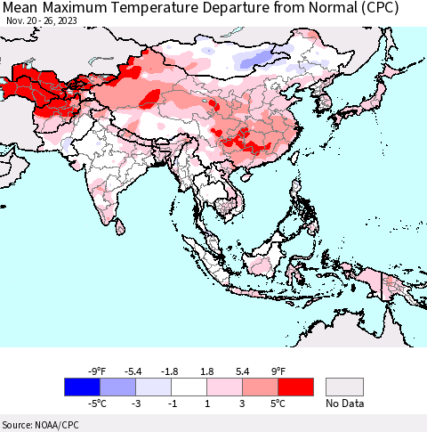 Asia Mean Maximum Temperature Departure from Normal (CPC) Thematic Map For 11/20/2023 - 11/26/2023