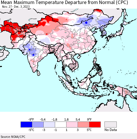 Asia Mean Maximum Temperature Departure from Normal (CPC) Thematic Map For 11/27/2023 - 12/3/2023