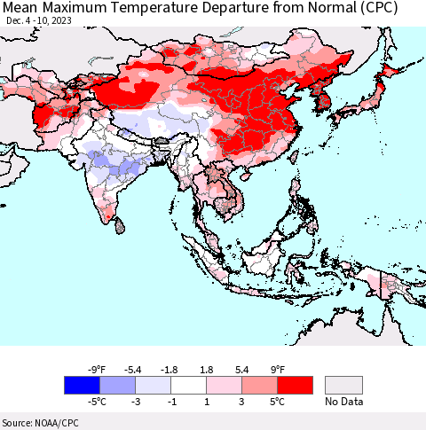 Asia Mean Maximum Temperature Departure from Normal (CPC) Thematic Map For 12/4/2023 - 12/10/2023