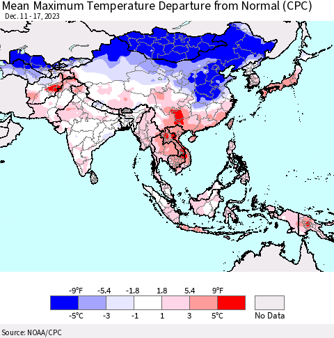 Asia Mean Maximum Temperature Departure from Normal (CPC) Thematic Map For 12/11/2023 - 12/17/2023