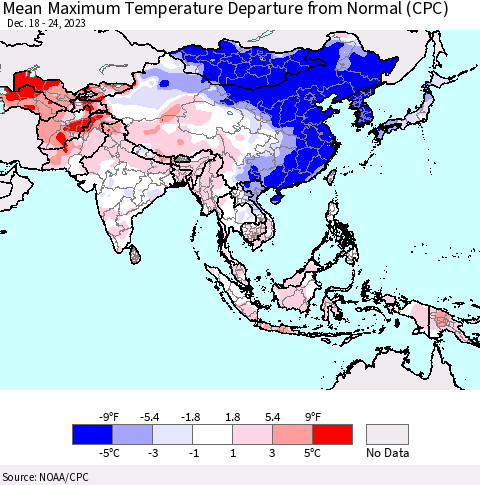 Asia Mean Maximum Temperature Departure from Normal (CPC) Thematic Map For 12/18/2023 - 12/24/2023