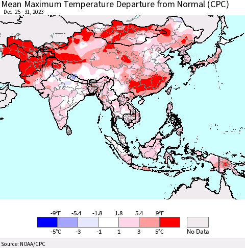 Asia Mean Maximum Temperature Departure from Normal (CPC) Thematic Map For 12/25/2023 - 12/31/2023